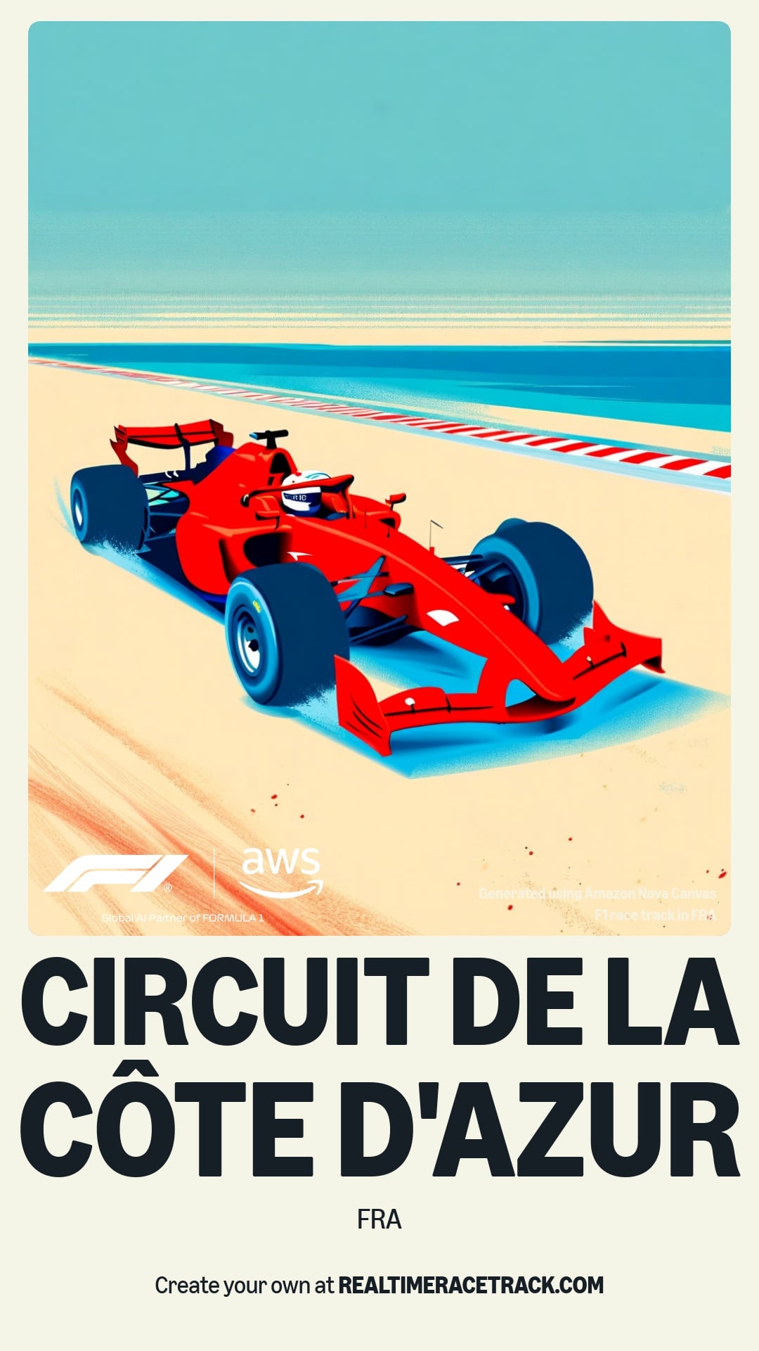 A sleek red Formula 1 car racing on the vibrant Circuit de la Côte d'Azur, surrounded by sandy beaches and a blue ocean, showcasing a high-tech modern theme with AWS and Formula 1 branding.