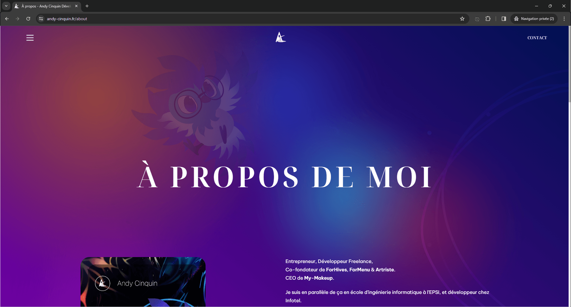 Web page with vibrant gradient background featuring text 'À PROPOS DE MOI' (ABOUT ME) in French