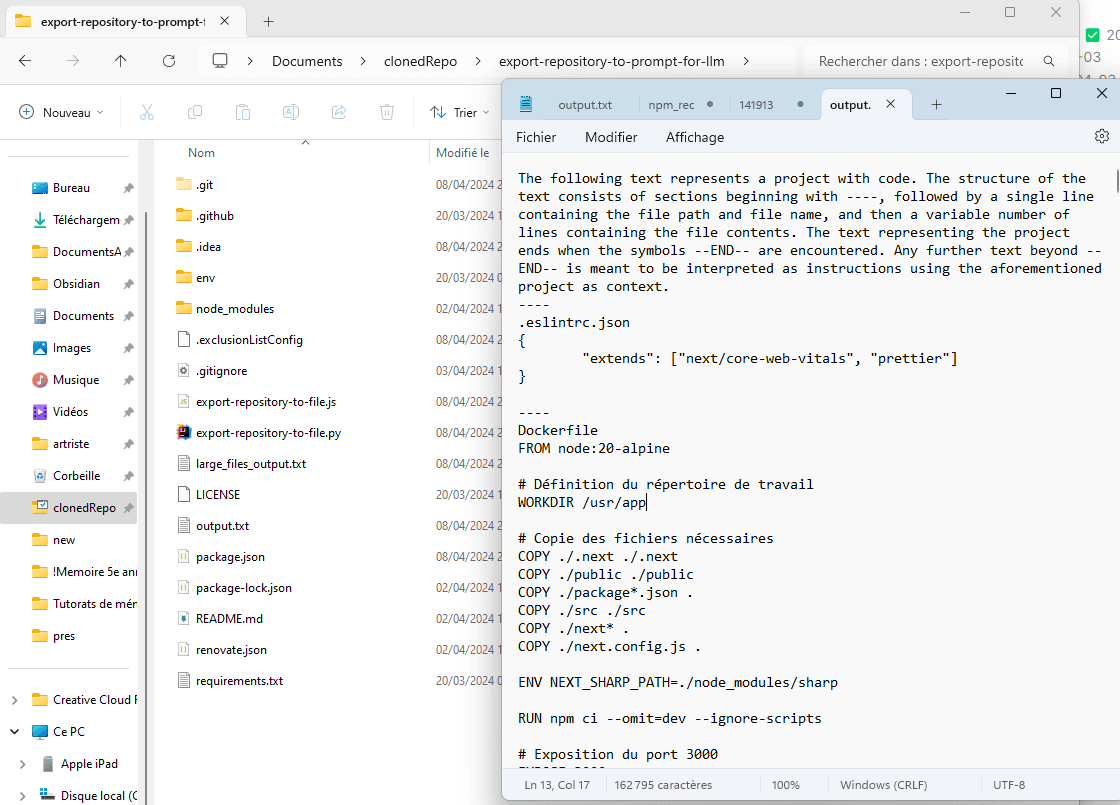 Computer screen with a text editor open to a file named <code>output.txt</code> showing project structure code and Dockerfile configuration with folder navigation panel on the left.