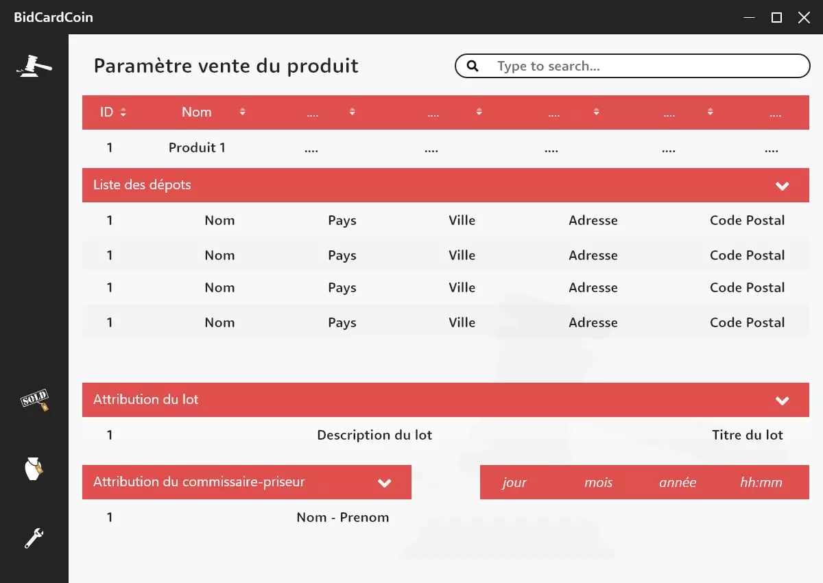 Computer screen displaying a user interface for a product sales setting application titled 'BidCardCoin' in French with tables and columns for ID, Name, Country, City, Address, Postal Code, Description, Auctioneer assignment, and Lot title.