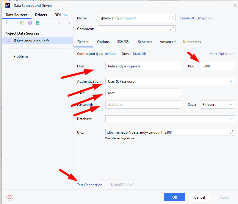 Screenshot of a database configuration window in an IDE with fields for host, port, user, and password. Red arrows pointing to modified or incomplete sections.