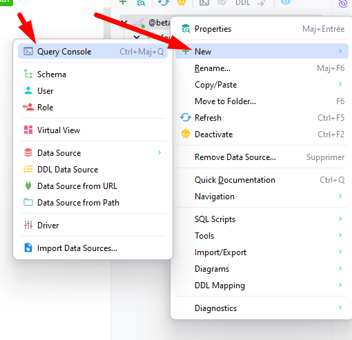 Screenshot of computer interface highlighting Query Console option in database development application