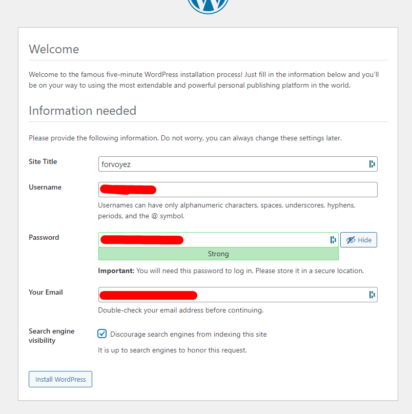 WordPress installation setup screen prompting user to enter site information and discouraging search engine indexing